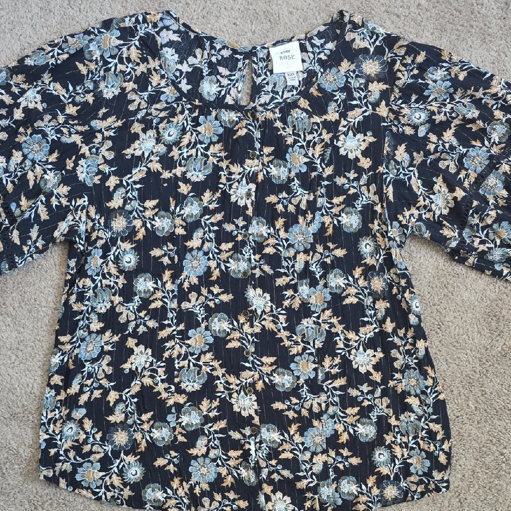 Knox Rose Navy Floral Flowy Boho Button Down Blouse Women's XXL 2X
